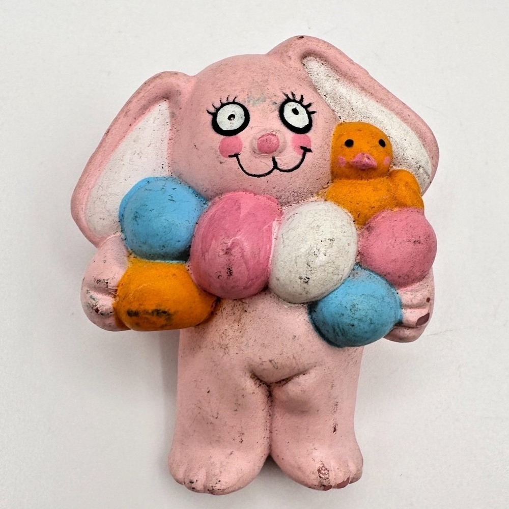 Vintage 80s Easter Unlimited Pink Bunny Rabbit Brooch Duck Eggs Pastel Jewelry